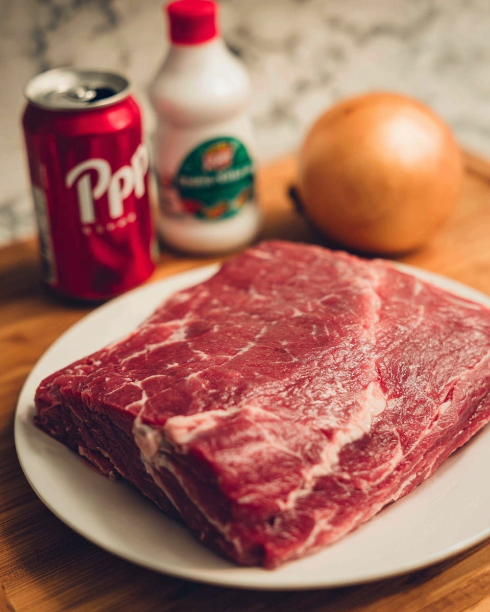 A large piece of raw marbled meat with visible white fat lines sits on a white plate in the lower part of the image, showing different shades of pink and red with a moist texture. Behind it, slightly out of focus, are a red can of Dr Pepper on the left, a small white bottle with a red cap and green label in the center, and a whole yellow onion on the right. Everything rests on a wooden surface with a warm tone, but the background is changed to a white marbled texture. Photo taken with an iphone --ar 4:5 --v 7