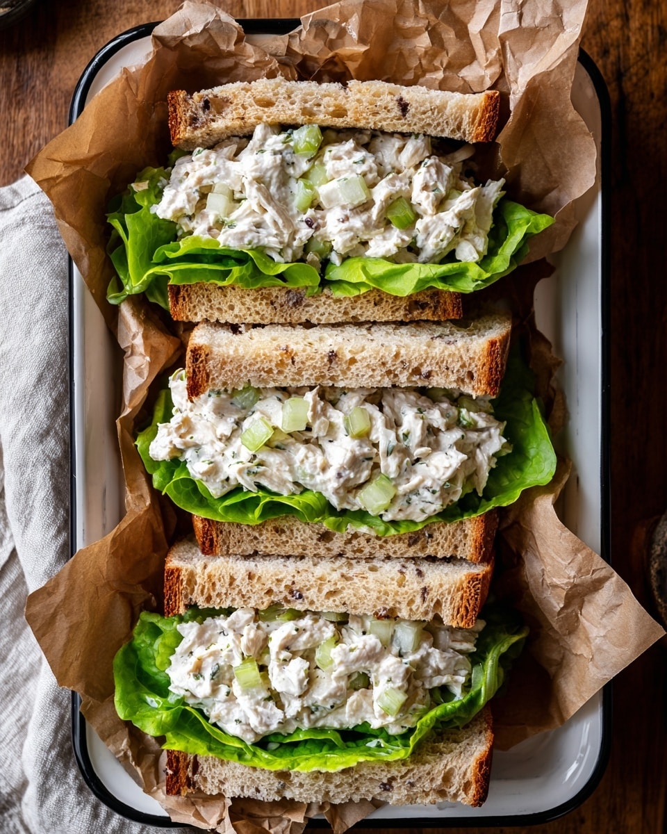 Four sandwich halves are arranged side by side on crinkled brown parchment paper inside a white rectangular plate with a black rim. Each sandwich has three layers of toasted whole wheat bread, with light green lettuce leaves directly under the top bread slice, topped with a creamy chicken salad filling made of shredded chicken, diced celery, and specks of black pepper visible. The plate sits on a wooden surface and a small part of a white cloth is visible near the bottom left corner of the image. photo taken with an iphone --ar 4:5 --v 7
