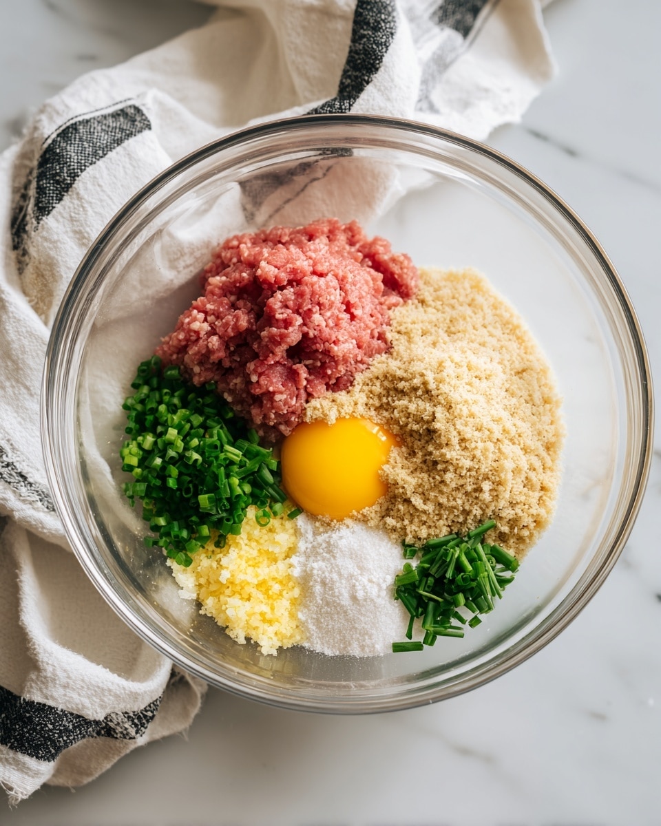 A clear glass mixing bowl sits on a white marbled surface with separate ingredients inside. On the left is a pink mound of raw ground meat. Near the center is a bright yellow raw egg yolk sitting on top of the meat. To the right of the egg is a large pile of light beige breadcrumbs. Below the breadcrumbs is a small pile of white powder, and next to it is a group of fresh green chopped scallions. At the bottom left near the scallions, there is a small mound of light yellow minced garlic or ginger. The bowl is partially resting on a white cloth with black stripes draped in the background. Photo taken with an iphone --ar 4:5 --v 7