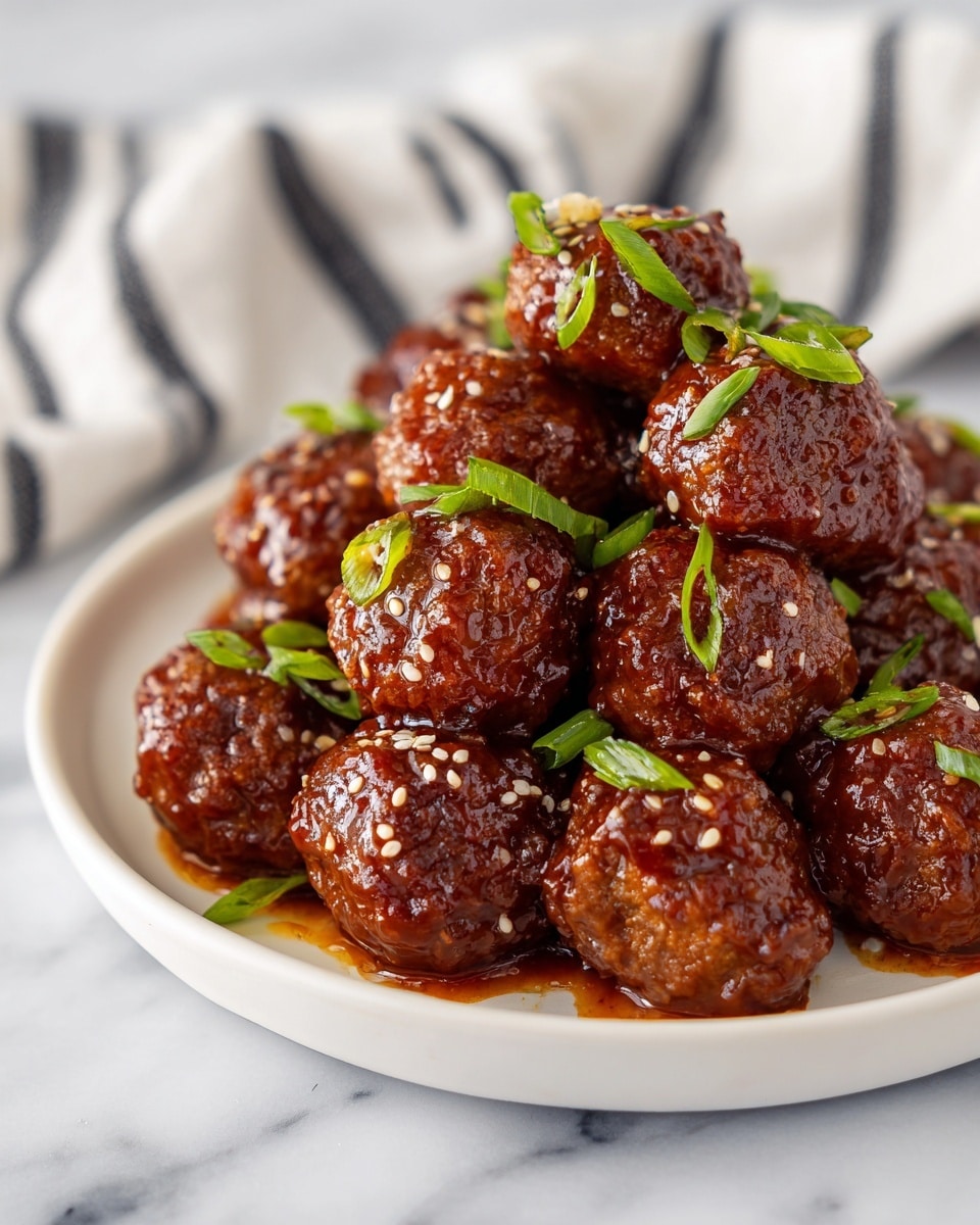 A white plate holds a pile of shiny brown meatballs coated in a thick, glossy sauce. The meatballs are round and textured, stacked in layers, with some resting on top of others. Bright green chopped scallions are sprinkled over the meatballs, along with small white sesame seeds adding extra detail. The plate sits on a white marbled surface with a white and black striped cloth in the background. photo taken with an iphone --ar 4:5 --v 7