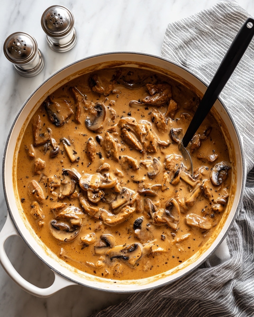 A large white pot filled with a creamy, thick brown sauce containing many light brown mushroom slices and medium-sized strips of browned meat evenly mixed throughout. A black spoon is partially submerged in the sauce on the right side. The pot sits on a white marbled surface next to a folded gray and white striped towel and two silver pepper and salt shakers above. The sauce has a smooth texture with visible pepper specks. Photo taken with an iphone --ar 4:5 --v 7