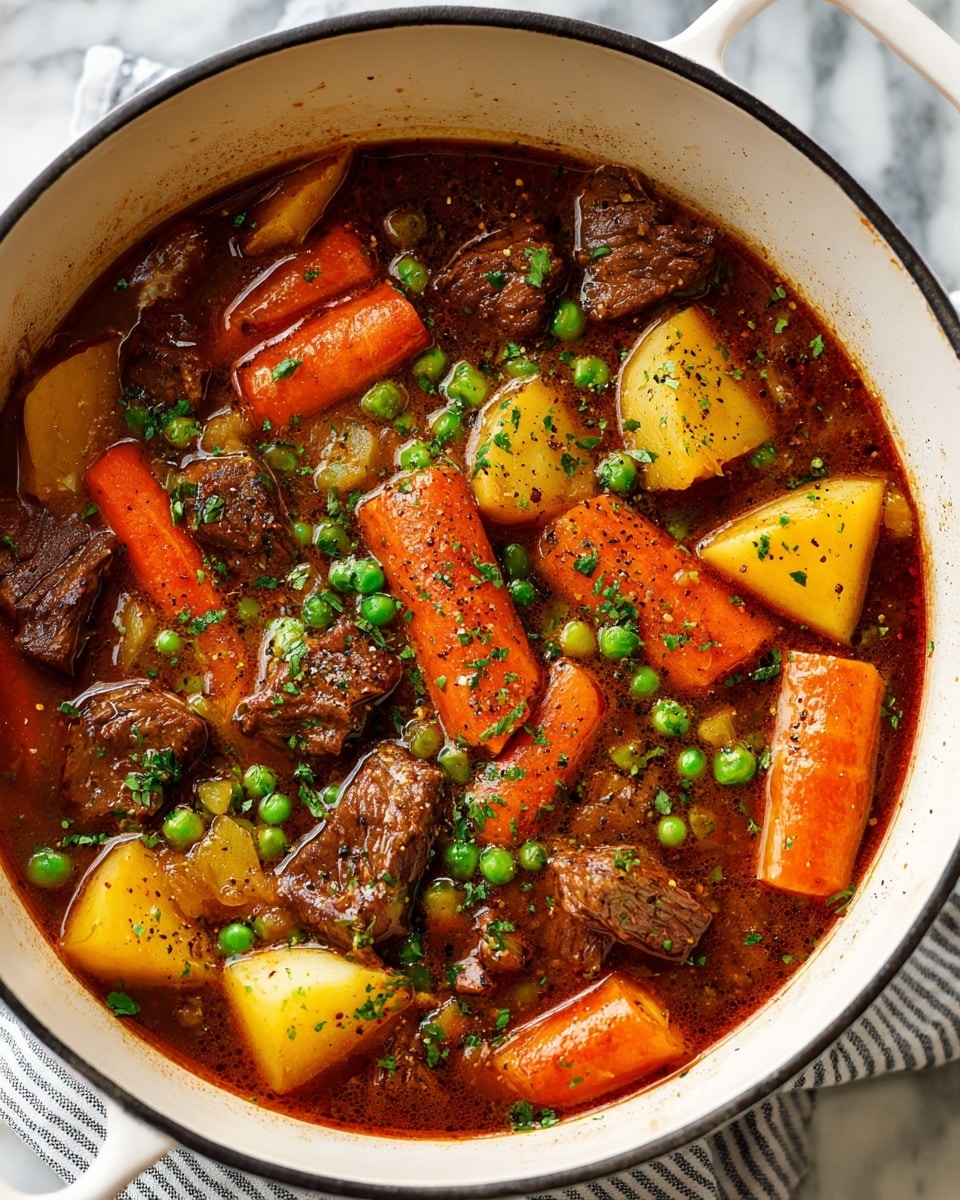 A close-up image of a stew in a white pot filled with several layers of ingredients: large orange carrot slices, brown beef chunks, small yellow potato pieces, green peas, and small bits of celery, all mixed into a thick brown broth. The stew is sprinkled with finely chopped green herbs and black pepper, adding texture and color contrast throughout the dish. The pot is placed on a white marbled textured surface with a striped cloth partially visible underneath. photo taken with an iphone --ar 4:5 --v 7