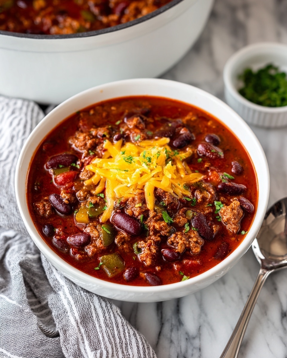 A white bowl filled with a thick, rich chili made of dark red kidney beans, browned ground meat, diced onions, and chunks of green bell pepper, all mixed in a deep red tomato sauce. The chili is topped with a small pile of bright yellow shredded cheese and sprinkled with fresh green chopped herbs. The bowl sits on a white marbled surface next to a shiny silver spoon, with part of a striped gray and white cloth visible nearby. In the background, a white pot filled with more chili rests on the same white marbled surface. photo taken with an iphone --ar 4:5 --v 7