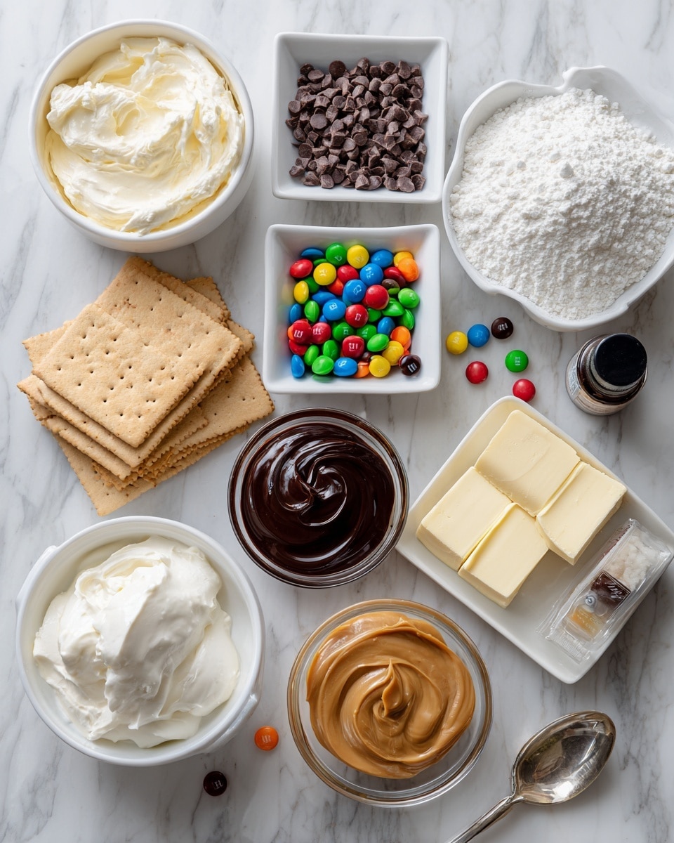 The image shows a white marbled surface with various small white bowls and items placed neatly across it. Starting from the top left, there is a white bowl filled with smooth cream cheese, followed by a square white bowl of mini chocolate chips in the center. Nearby, a small white bowl holds colorful M&M's. To the right, another small bowl contains smooth peanut butter. In front of the peanut butter, a small glass bowl holds glossy dark fudge topping. At the bottom left, a white bowl is filled with sour cream with a soft texture. Next to it are neatly stacked rectangular graham crackers on the surface. Near the center bottom, two slices of pale yellow butter rest on the surface beside a small silver spoon. To the right is a mound of powdered sugar in a white bowl. At the far right, a small dark bottle holds vanilla extract. Scattered colorful M&M’s pieces add pops of color around the arrangements. Photo taken with an iphone --ar 4:5 --v 7
