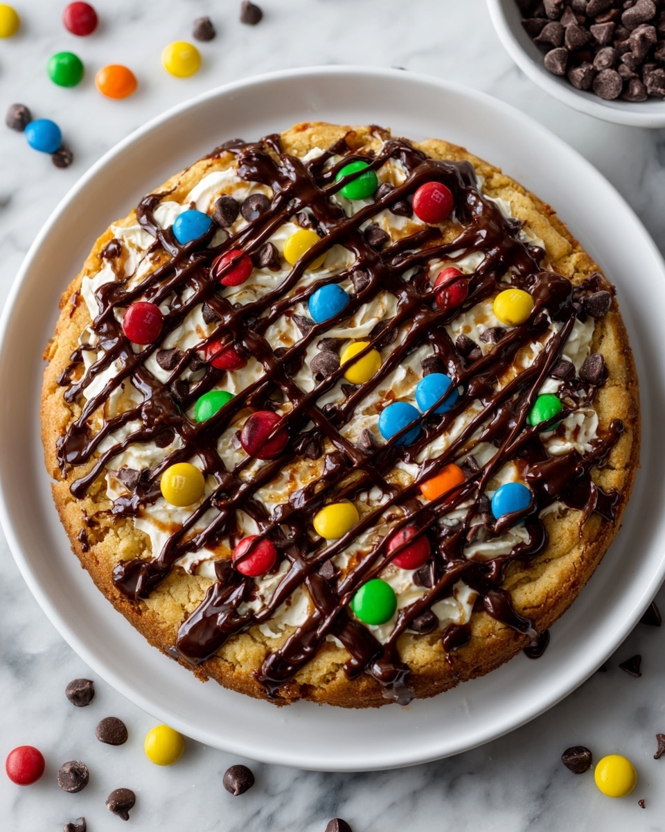 The dish is a round, thick cookie cake with three main layers visible from the top view. The bottom layer is a golden brown cookie base. The middle layer is light beige cream spread thickly and evenly over the cookie. The top layer has a dark chocolate drizzle laid in a crisscross pattern across the cream. Over the chocolate drizzle, there are colorful candy-coated chocolates in green, red, blue, yellow, and orange scattered widely across the surface, along with small dark chocolate chips sprinkled evenly. The cookie cake is placed on a white plate set on a white marbled surface, with some candies and chocolate chips scattered loosely around the plate. Photo taken with an iphone --ar 4:5 --v 7