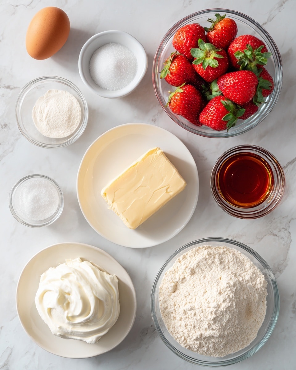 A top view of different baking ingredients arranged on a white marbled surface, including a single brown egg near the top left, a small bowl of salt and baking powder next to it, a white plate holding a square piece of butter in the center, and a clear glass filled with heavy whipping cream above the butter. To the right, there is a small glass bowl with a dark amber vanilla extract and a larger clear bowl full of bright red strawberries with green leaves. Below, a white plate holds a block of cream cheese, next to a glass bowl of sugar. On the bottom right, a glass bowl filled with light beige flour, and lastly, a small clear bowl with honey completes the scene. All bowls and plates are white or clear glass, with the ingredients brightly lit. Photo taken with an iphone --ar 4:5 --v 7