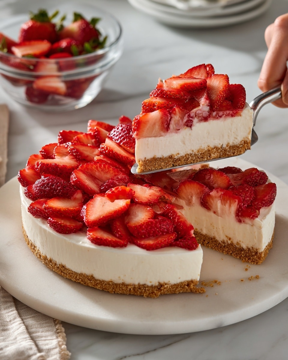 The image shows a pie with three clear layers: a light golden crust base, a thick white creamy middle layer, and on top, thinly sliced bright red strawberries arranged closely in concentric circles covering the entire pie surface. A slice of the pie is lifted, showing the same layers with strawberry slices fanning slightly on the slice edges. The pie sits on a white plate on a white marbled surface, with a glass bowl of extra sliced strawberries in the background and a woman's hand holding the pie slice with a metal spatula. Photo taken with an iphone --ar 4:5 --v 7