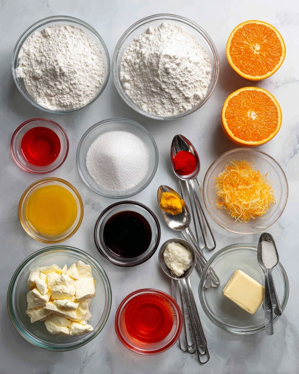 This image shows many baking ingredients placed on a white marbled surface. There are different clear glass bowls and metal measuring spoons filled with white flour, white powdered sugar, white sugar, cream cheese, and a white egg. Small clear bowls have bright red and yellow food coloring, and another has clear orange extract. There are two orange halves, some orange zest on two small spoons, and a larger spoon with butter. A small glass bowl contains dark amber vanilla extract. Each ingredient is labeled with black text above or beside it. Photo taken with an iphone --ar 4:5 --v 7