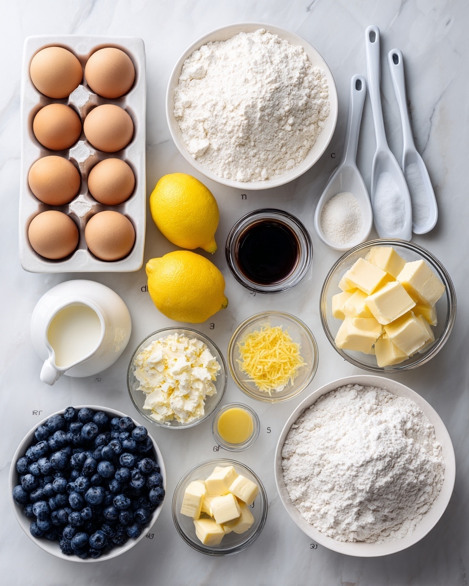 The image shows an overhead view of various baking ingredients neatly arranged on a white marbled surface. Starting from the top left, there is a white rectangular tray holding six brown eggs. Next to it is a white bowl filled with white sugar. To the right, two white measuring spoons contain salt and dark brown vanilla extract. Below these, a large white bowl is filled with white flour. On the left side, three whole yellow lemons and one cut lemon revealing its pale-yellow inside are placed near a small glass jug with white buttermilk. At the center, three small clear bowls hold bright yellow lemon zest, white baking soda, and baking powder. Below these, there is a small white bowl with cream cheese cubes and two white bowls filled with light yellow cubed butter. A small white spoon contains pale yellow lemon juice. Near the bottom left, a white rectangular dish holds fresh dark blue blueberries. A large clear glass bowl filled with powdered sugar is seen at the bottom right of the image. All items are spaced and arranged cleanly on the surface, with clear text labels for each ingredient. photo taken with an iphone --ar 4:5 --v 7