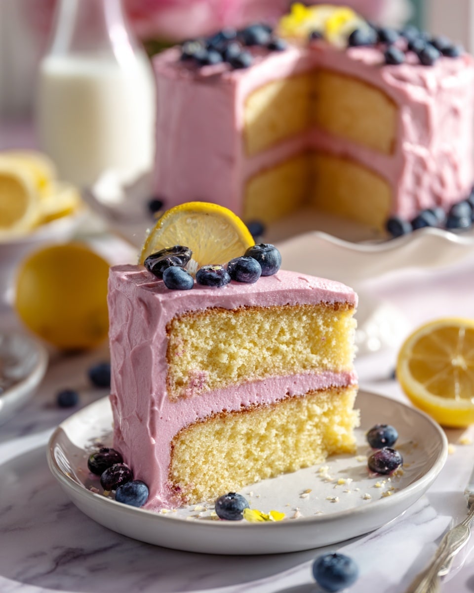 A round cake with smooth, thick purple frosting covers the whole outside, sitting on a white cake stand with a wide base. Around the top edge, there is a ring of decorative purple frosting swirls, each topped with whole dark blueberries and small pieces of yellow fruit. The background is a white marbled surface and the cake is next to a yellow patterned cloth and a gold cake server. photo taken with an iphone --ar 4:5 --v 7