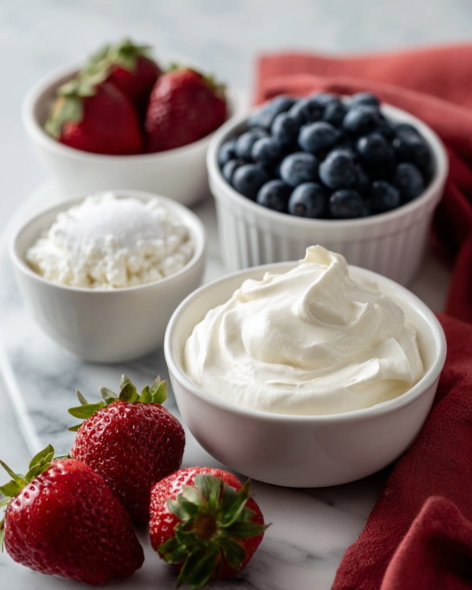 A white bowl filled with smooth, thick white cream sits near a white bowl full of fresh, dark blue blueberries. Next to them is a small white bowl of fine white sugar and another white bowl with whipped cream that looks light and fluffy. Below, a white bowl holds bright red strawberries with green leaves. All bowls rest on a white marbled surface, and a red cloth is partially visible in the background. Photo taken with an iphone --ar 4:5 --v 7