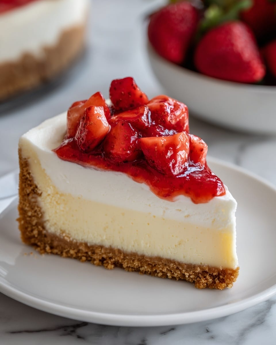 A single slice of cheesecake sits on a white plate with a scalloped edge, resting on a red cloth with small white dots over a white marbled surface. The cheesecake has three clear layers: a crumbly golden brown crust on the bottom, a thick and creamy pale yellow middle layer, and a thin, smooth cream-colored top layer. On top of the cheesecake, there is a bright red strawberry sauce with visible chunks of fresh strawberries. In the background, a clear glass jar is filled with whole fresh strawberries, slightly blurred. Photo taken with an iphone --ar 4:5 --v 7