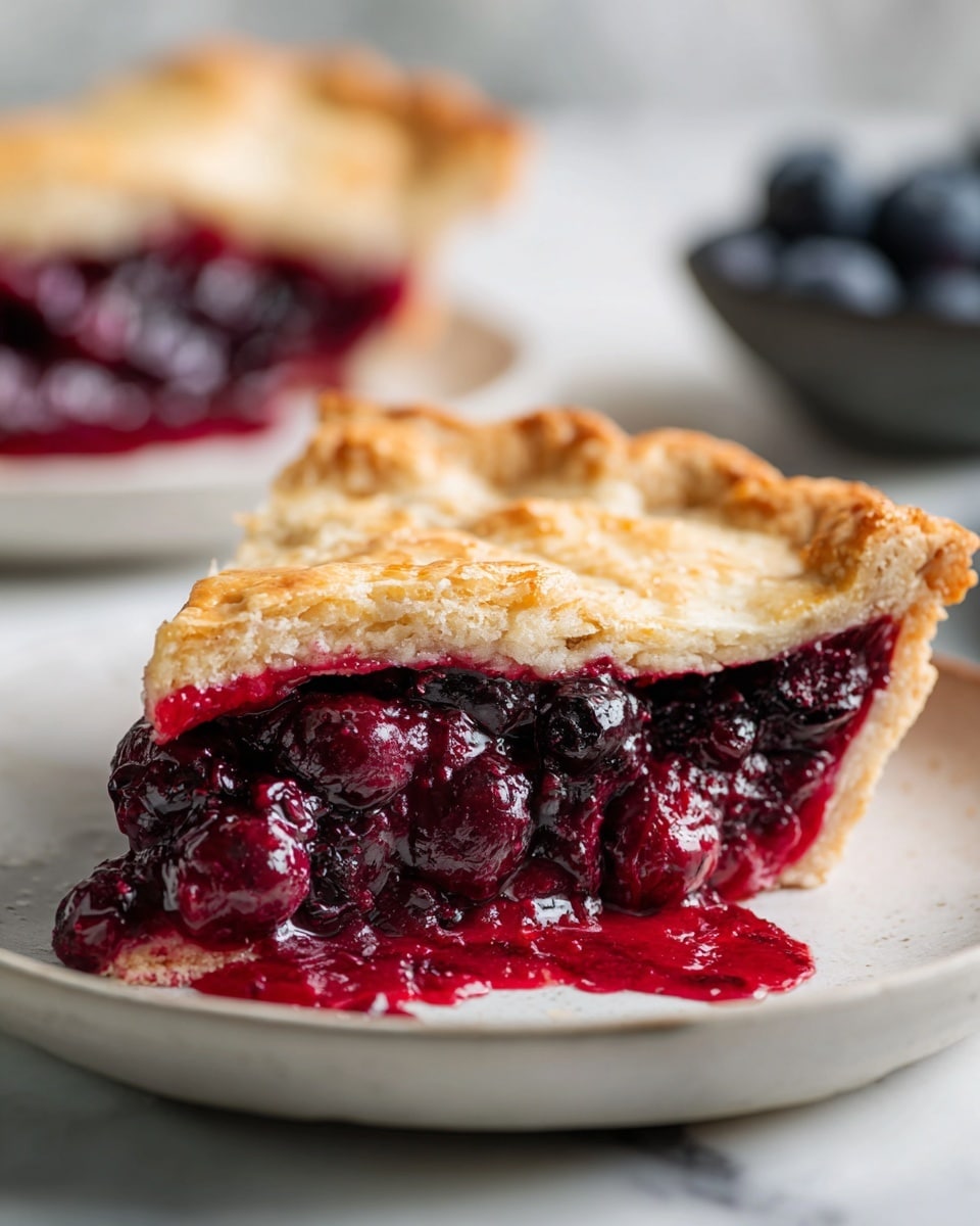 A slice of pie sits on a white plate with a white marbled surface underneath. The pie has two layers: the top crust which is light golden brown, flaky, and slightly uneven with a small hole near its edge, and the thick filling under it that is deep purple with a shiny, juicy texture made of berries. The filling looks soft and slightly spilling out from the topped crust. In the background, there is another slice of pie and a small white bowl filled with dark purple berries, slightly blurred. photo taken with an iphone --ar 4:5 --v 7