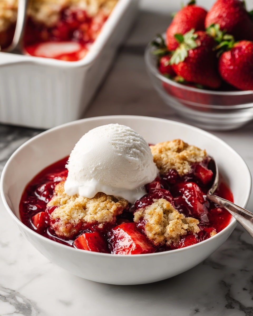 A white rectangular dish holds a dessert with two main layers. The bottom layer is a thick, deep red berry filling, bubbling and slightly spilling over the edges. The top layer has large, golden-brown biscuit pieces that are rough and uneven, covering the whole berry layer but allowing some red filling to peek through small gaps. The texture on top looks soft and crumbly with some parts lightly browned. The dish sits on a white marbled surface. photo taken with an iphone --ar 4:5 --v 7
