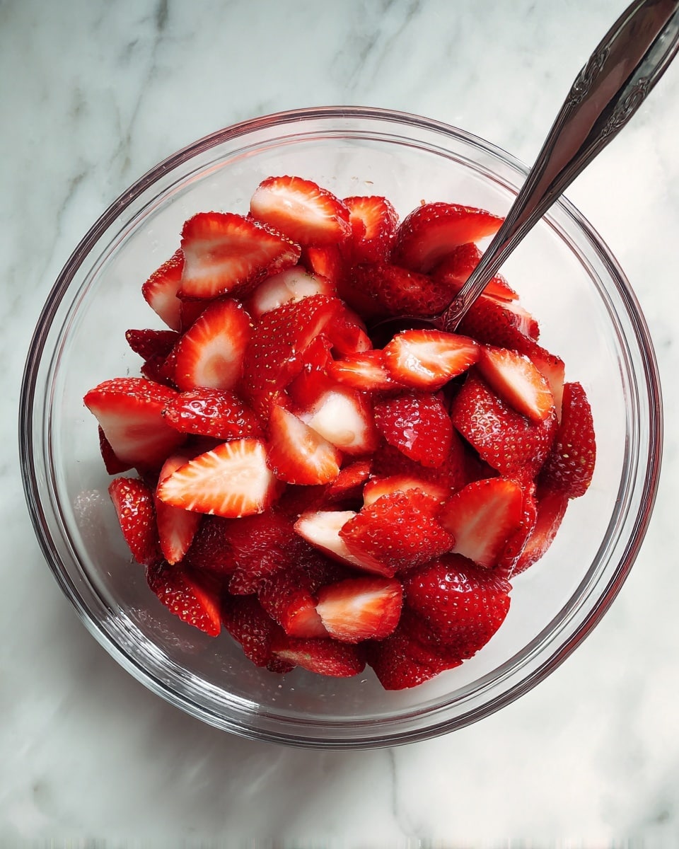 A clear glass bowl holds many sliced strawberries with bright red and white colors, showing their juicy, soft texture. The strawberries are heaped up, with a silver spoon resting inside the bowl at the bottom. The bowl is on a white marbled surface. Photo taken with an iphone --ar 4:5 --v 7