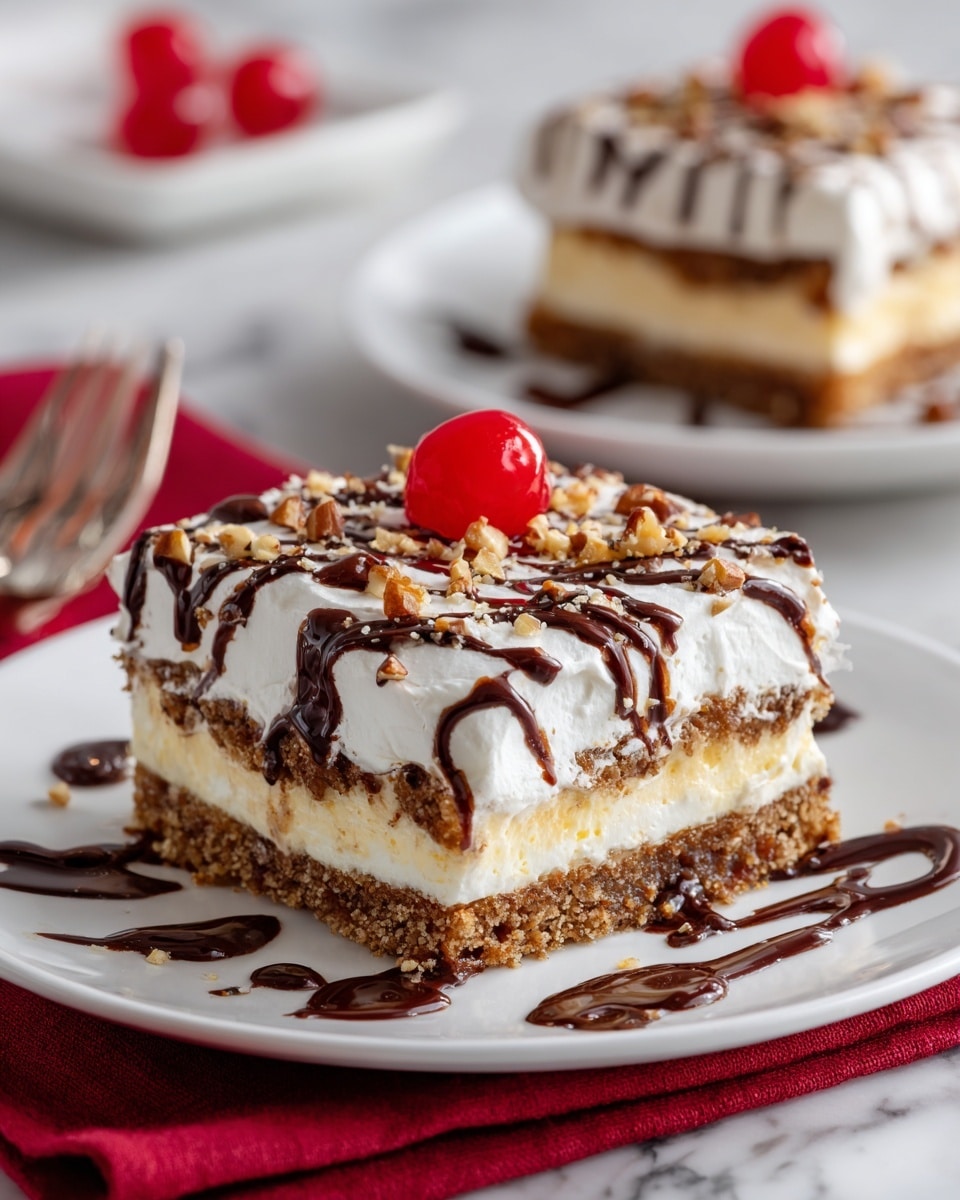 The image shows a square dessert with four layers on a white plate. The bottom layer is a thick, crumbly light brown crust. Above it is a soft, creamy yellow filling, followed by a thick white whipped cream layer on top. The dessert is decorated with dark brown chocolate drizzle in diagonal lines and small bits of nuts scattered on the white cream. A shiny red cherry sits on top near the center. In the background, there is another similar dessert piece on a white plate, all placed on a white marbled surface with a red cloth beneath the plate. Photo taken with an iphone --ar 4:5 --v 7