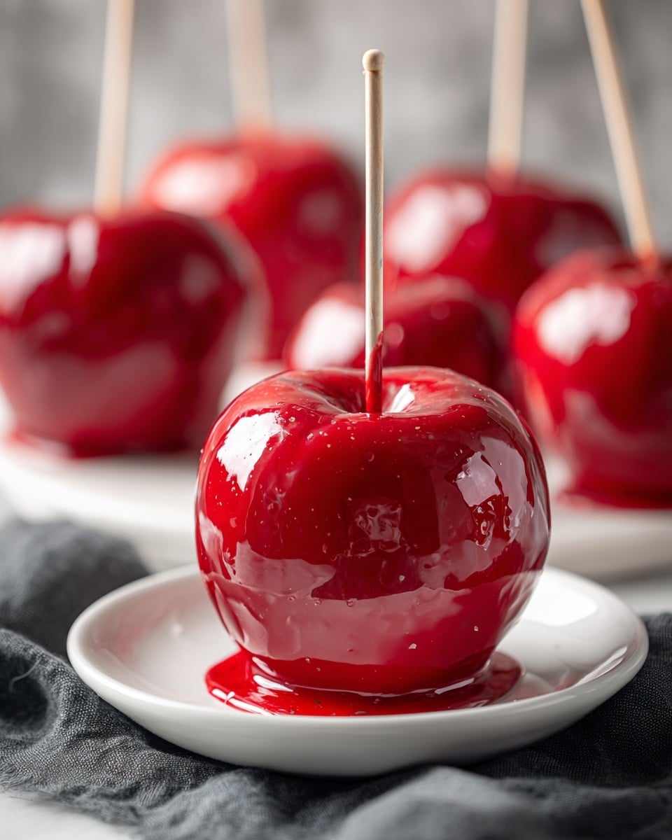 This image shows a close-up of seven shiny, red candy apples with smooth and bright red candy coating. Each apple has a small green top visible at the stem side, with a light brown wooden stick inserted in the center. The apples are arranged tightly in a white enamel tray with a blue rim, placed on a white marbled surface. The candy coating reflects light, giving the apples a glossy look, with small wrinkles in some spots. The overall colors are bright and clear, highlighting the contrast between the red candy coating and the green apple tops. photo taken with an iphone --ar 4:5 --v 7