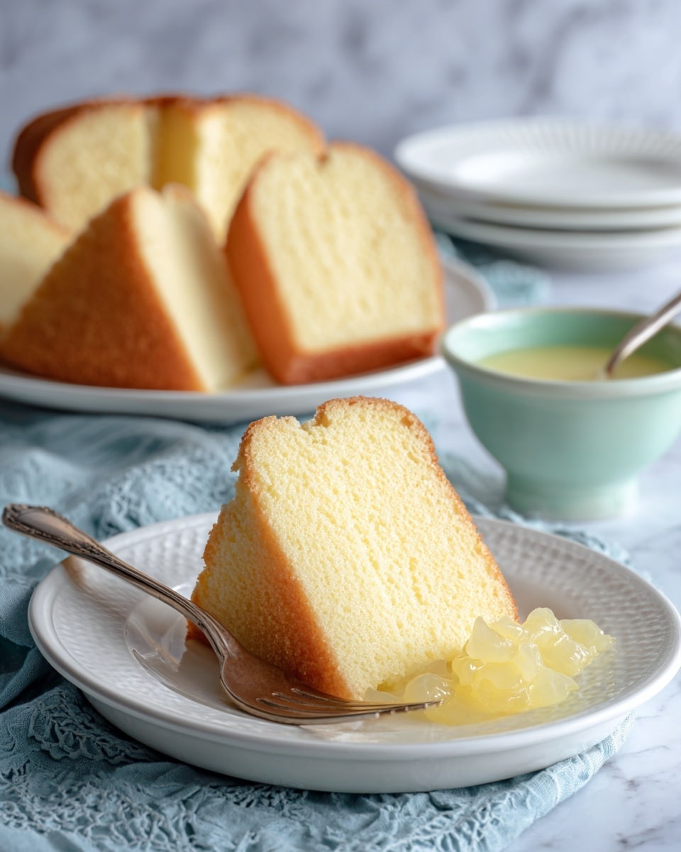 The image shows a slice of light yellow cake with a soft texture on a white plate, with a small pile of pale yellow sauce or fruit topping next to it. A silver fork is touching the cake, placed on the left side of the slice. In the background, there is a white plate with more slices of the same cake, and a small pale green bowl filled with the same sauce or topping nearby. All items are on a soft blue patterned cloth, sitting on a white marbled surface. Photo taken with an iphone --ar 4:5 --v 7