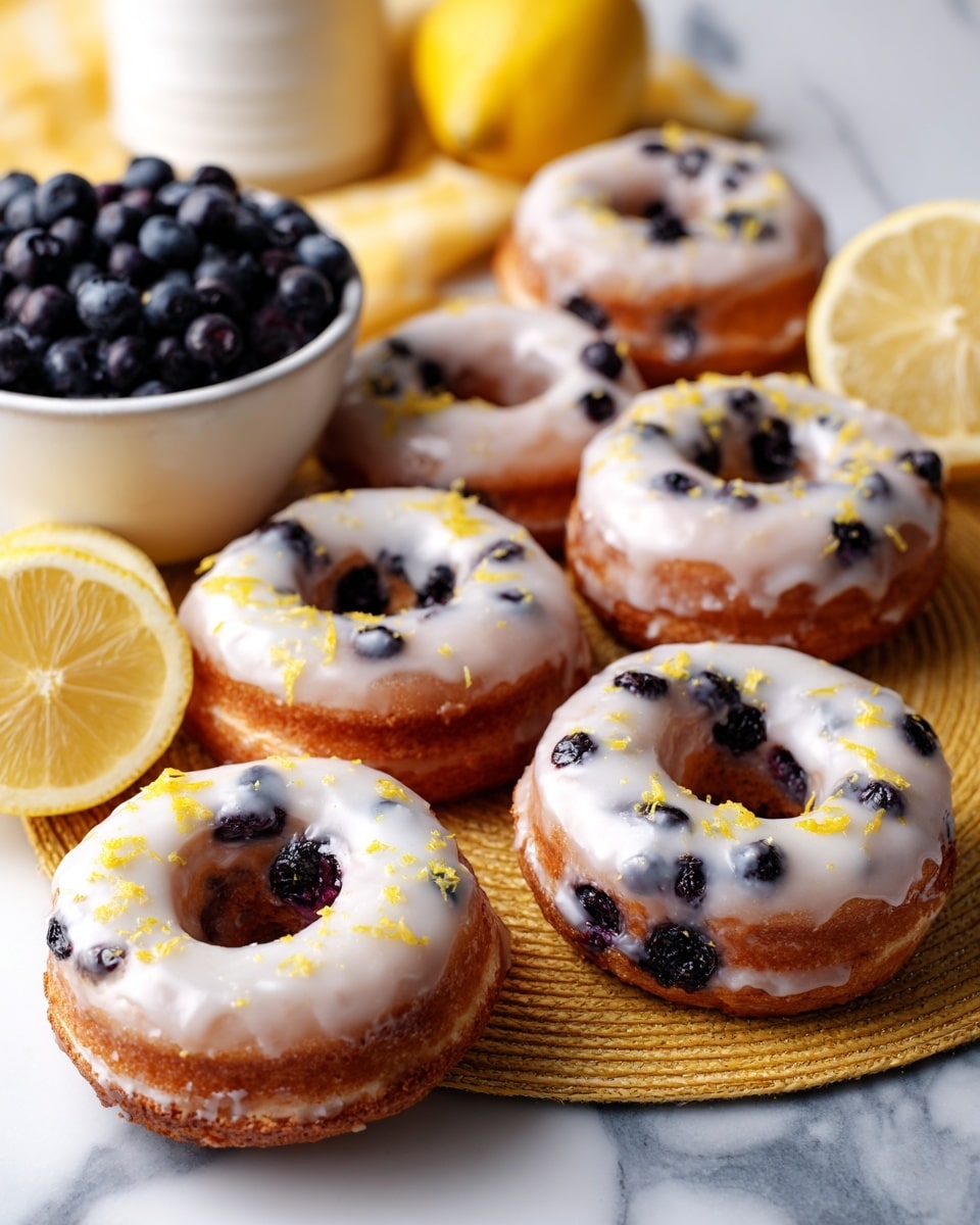 A dark gray metal donut baking pan holds six circular molds filled with light yellow batter containing scattered dark blueberries, with some batter spread unevenly around the central metal tube in each mold. The pan sits on a white marbled surface that has a rustic look with soft light brown streaks, and to the right of the pan is a teal carton holding white eggs, while a lemon's corner is visible nearby. Photo taken with an iphone --ar 4:5 --v 7