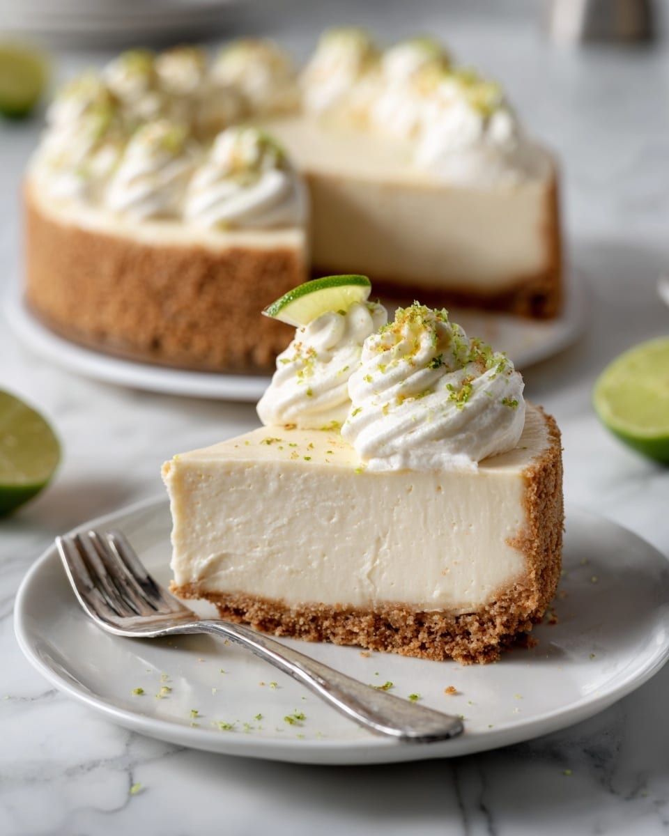 The image shows a slice of cheesecake on a white plate with a fork beside it, placed on a white marbled surface. The cheesecake has three distinct layers: a thick, crumbly light brown crust at the bottom, a thick smooth pale cream-colored middle layer, and a thin layer of whipped cream on top, decorated with a small wedge of green lime and light green lime zest sprinkled over the surface. In the background, the whole cheesecake with the same decoration is visible. The photo is taken with an iphone --ar 4:5 --v 7