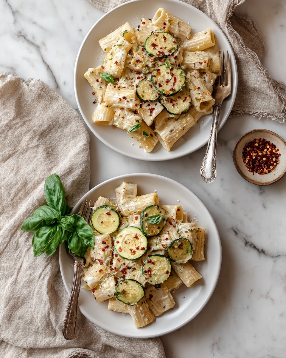 The image shows a close-up of a creamy pasta dish in a deep pan. The pasta is penne, light yellow in color, mixed evenly with thick slices of green zucchini that have a soft texture. The pasta and zucchini are coated in a creamy, slightly browned cheese sauce, with some melted cheese stringy and sticking to a wooden spoon on the right. Small bits of green herbs and red pepper flakes are scattered throughout the dish, adding color contrast and texture. The pan sits on a soft white marbled surface and a striped cloth is slightly visible at the bottom. photo taken with an iphone --ar 4:5 --v 7