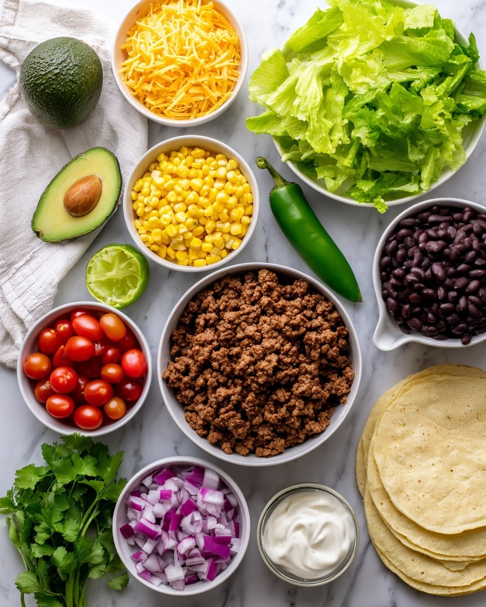 A white bowl filled with cooked ground beef sits at the bottom center, next to a bowl of chopped red onions and halved cherry tomatoes with vibrant red and purple colors. Above is a bowl of bright yellow corn kernels and beside it, a green jalapeño pepper lays horizontally. A spoon with white sour cream is placed near a whole dark green avocado and a fresh green lime. Fresh, vibrant green lettuce leaves rest on a white napkin on the left, while a small white bowl full of yellow shredded cheese and another white bowl filled with red-orange nacho chips are at the top. A white bowl with black beans is near the bottom left, and a bunch of green cilantro leaves sit in the middle near light yellow burrito-sized tortillas on the right. All ingredients are arranged on a white marbled surface. Photo taken with an iphone --ar 4:5 --v 7