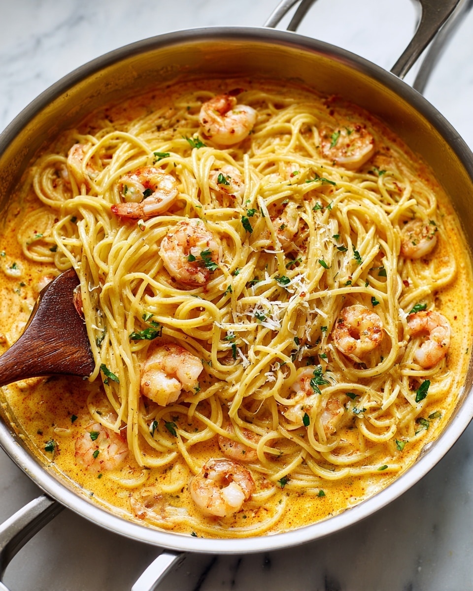 A white bowl filled with creamy pasta in the center, showing one layer of thick yellow noodles twisted and mixed with small orange shrimp. Bright green chopped herbs are scattered evenly across the dish. A silver fork is placed inside the bowl, partly hidden under the noodles. The bowl is set on a round, dark textured surface, and the background has a white marbled texture. photo taken with an iphone --ar 4:5 --v 7