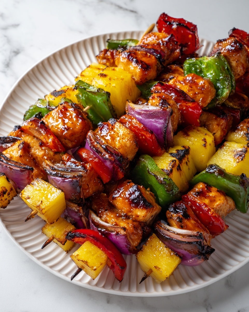 The image shows several skewers with grilled pieces layered in a pattern: chunks of golden brown chicken, bright yellow pineapple cubes with slight charred edges, green bell pepper slices, red bell pepper pieces, and purple-red onion slices, all arranged on a white ribbed plate placed on a white marbled surface. The chicken looks glazed with a shiny sauce, and the vegetables have a lightly grilled texture with some blackened spots. The skewers are slightly angled and overlap each other, creating a colorful and appetizing visual. photo taken with an iphone --ar 4:5 --v 7