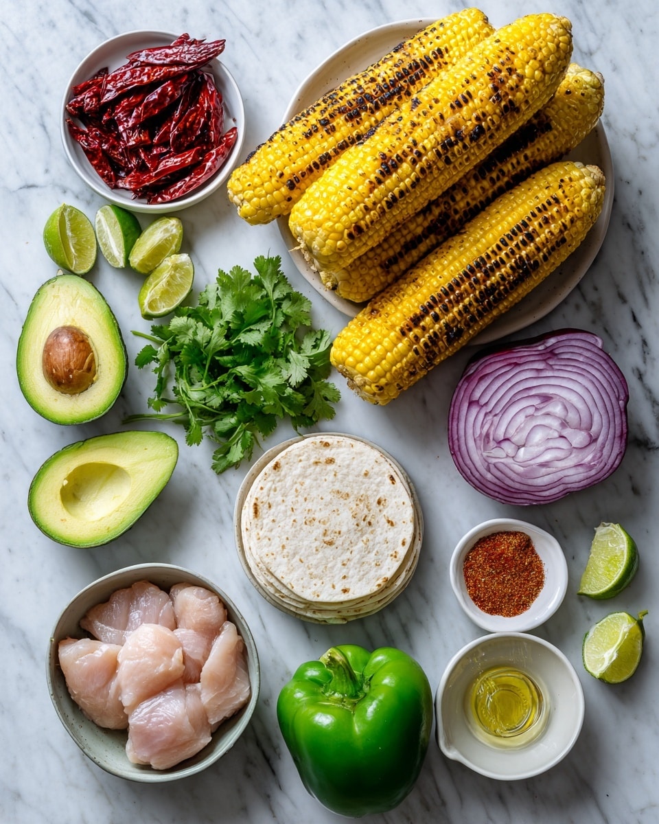 The image shows several fresh ingredients arranged neatly on a white marbled surface. There is a white bowl with three charred corn cobs stacked with their blackened grill marks visible. To the left, a small white dish holds rich red chipotle peppers, bright green cilantro leaves, and two lime halves with a glossy honey glaze in the middle. Below that, there is a half avocado showing its smooth light green inside and large seed, white uncooked rice in a small round measuring cup with a handle, and a green bell pepper with a shiny surface. Nearby are three white tortillas stacked, with a red bell pepper and green jalapeño beside them. A halved red onion with white and purple layers sits to one side close to a small white bowl with mixed colorful spices including red paprika and brown cumin. Finally, a light green bowl contains several skinless, light pink chicken pieces with a sprinkle of salt on top. Everything is arranged cleanly and clearly, photo taken with an iphone --ar 4:5 --v 7