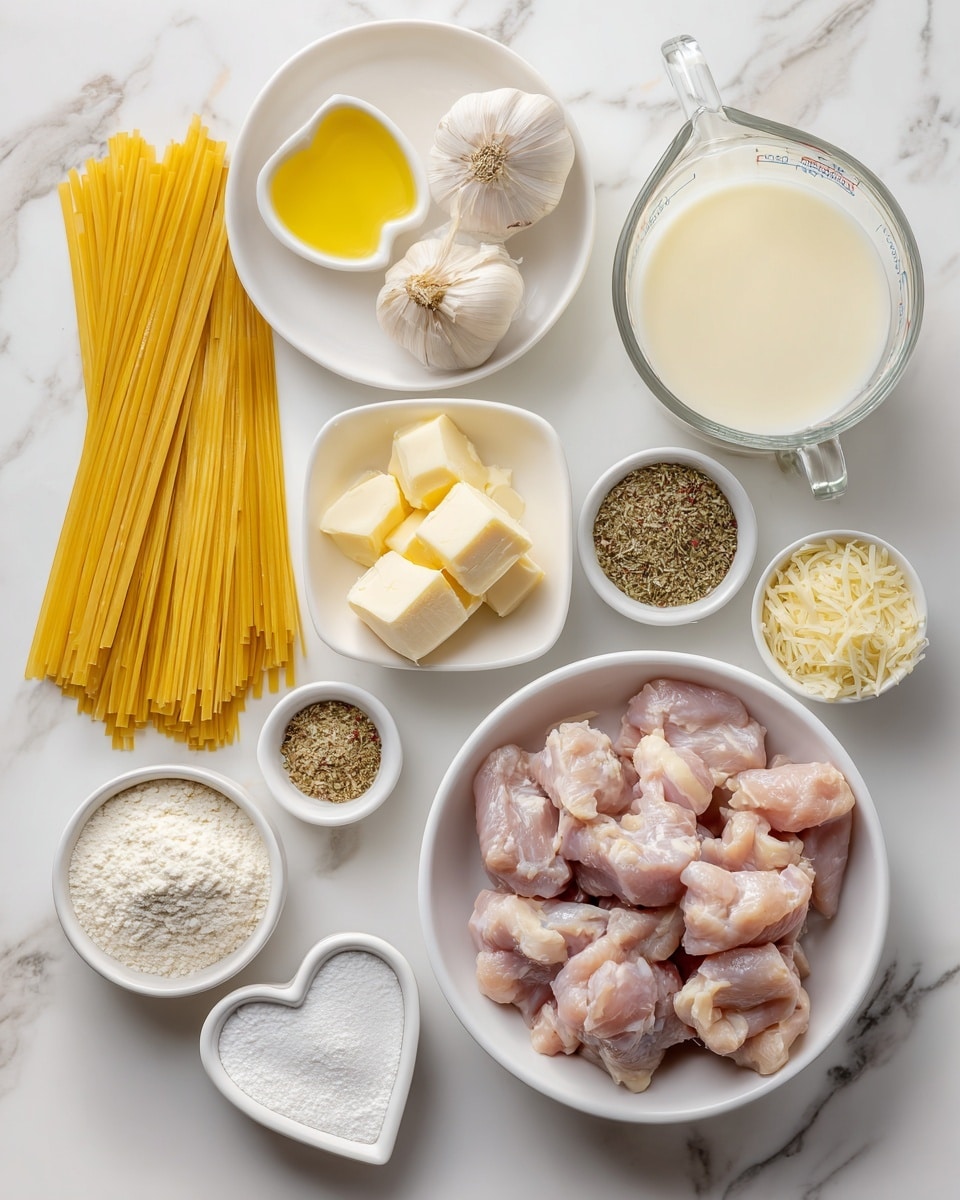 The image shows various raw ingredients arranged on a white marbled background. There's a small white bowl filled with peeled raw chicken pieces in the bottom right, next to a glass measuring cup of white milk. Above the chicken, a white plate holds three garlic cloves, a small square of butter, and a small flower-shaped white dish with yellow olive oil. To the left, uncooked yellow fettuccine pasta sticks are laid flat next to a clear glass measuring cup filled with light yellow chicken broth. Near the top right, a small white bowl contains mixed dry seasonings of different colors and textures, while another bowl filled with shaved light yellow parmesan cheese is placed beside it. In the bottom left corner, a small white heart-shaped dish holds white cornstarch powder. All items are clearly labeled with black text. photo taken with an iphone --ar 4:5 --v 7