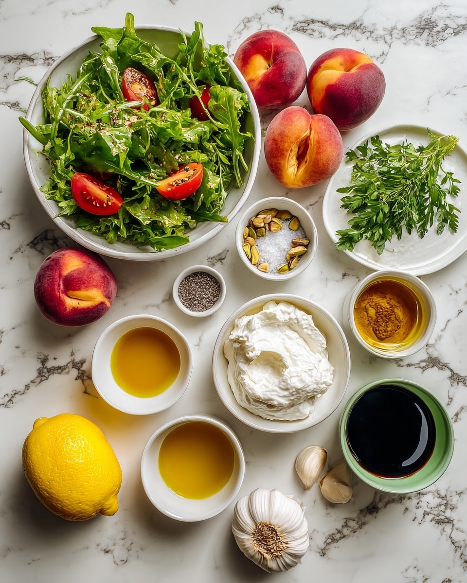 A top-down view of various fresh ingredients arranged neatly on a white marbled surface, including a large white bowl filled with bright green mixed greens and shiny red tomatoes on one side, two whole peaches or nectarines placed nearby, and a small white plate holding fresh green herbs. Around them, small white bowls hold different ingredients: one with light green pistachios, one with creamy white burrata cheese, one with a mix of salt and pepper seasoning, and others with golden olive oil, dark balsamic vinegar, amber red wine vinegar, and a small amount of honey in a green bowl. A bright yellow lemon and a whole garlic bulb are also placed on the surface. The photo taken with an iphone --ar 4:5 --v 7