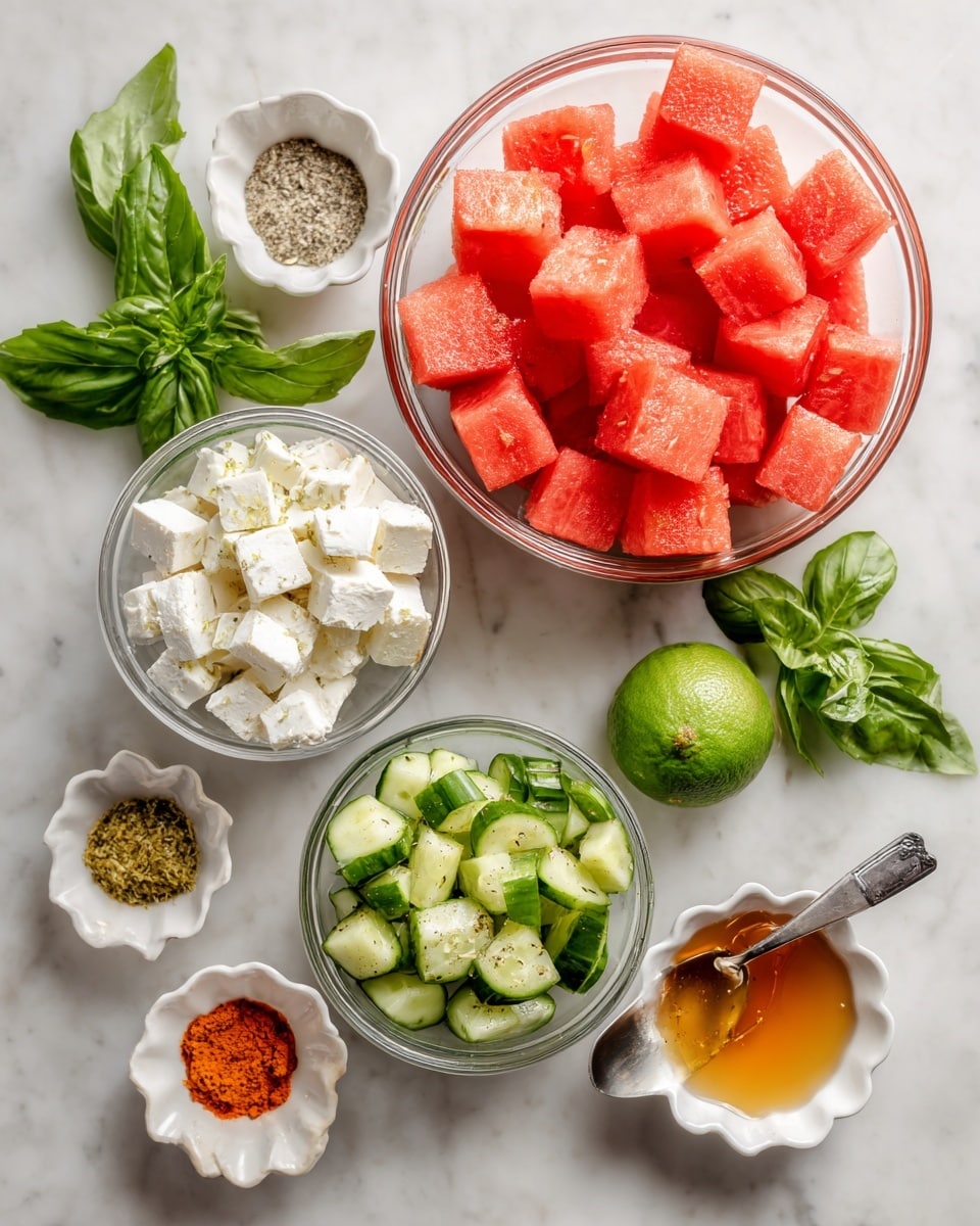 The image shows several clear glass bowls and small white flower-shaped dishes arranged on a white marbled surface. One large bowl contains bright red watermelon cubes, another medium bowl holds white feta cheese cubes, and a third medium bowl has green cucumber cubes. Around these are small white dishes with orange tajin seasoning, golden honey, and a mix of salt and pepper. A silver spoon holds whole grain mustard. A green lime and fresh green basil leaves are placed next to the dishes, completing the colorful and fresh ingredient display. Photo taken with an iphone --ar 4:5 --v 7