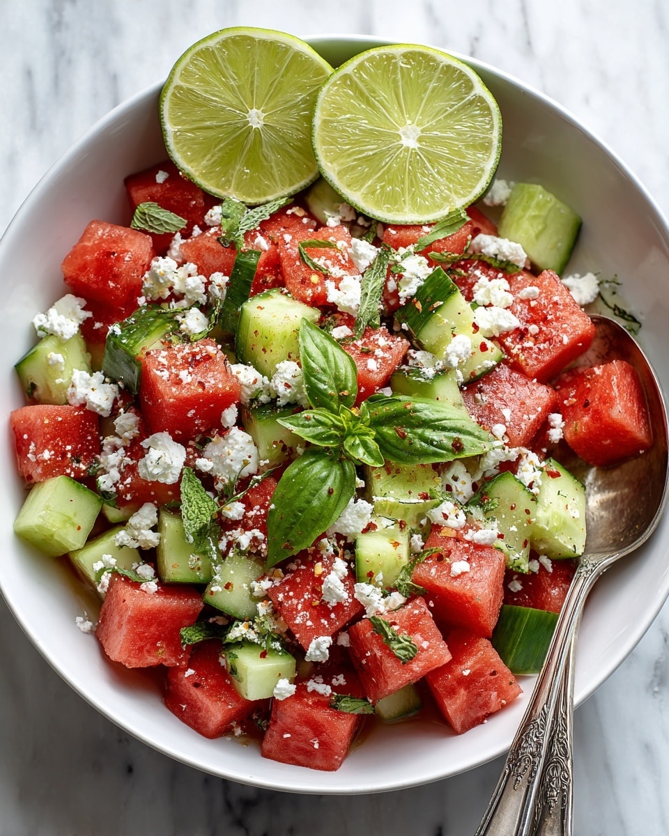 A white bowl is filled with three main layers starting from the bottom with large bright red watermelon chunks. The middle layer shows small green cucumber pieces mixed between the watermelon. The top layer features scattered white crumbled cheese with sprinkled red seasoning over all layers. Green fresh basil leaves are spread on top for garnish. Two lime wedges, dusted with the same red seasoning, sit to the side inside the bowl. The bowl rests on a white marbled surface with a spoon and a honey dipper in a white scalloped dish blurred in the background. Photo taken with an iphone --ar 4:5 --v 7