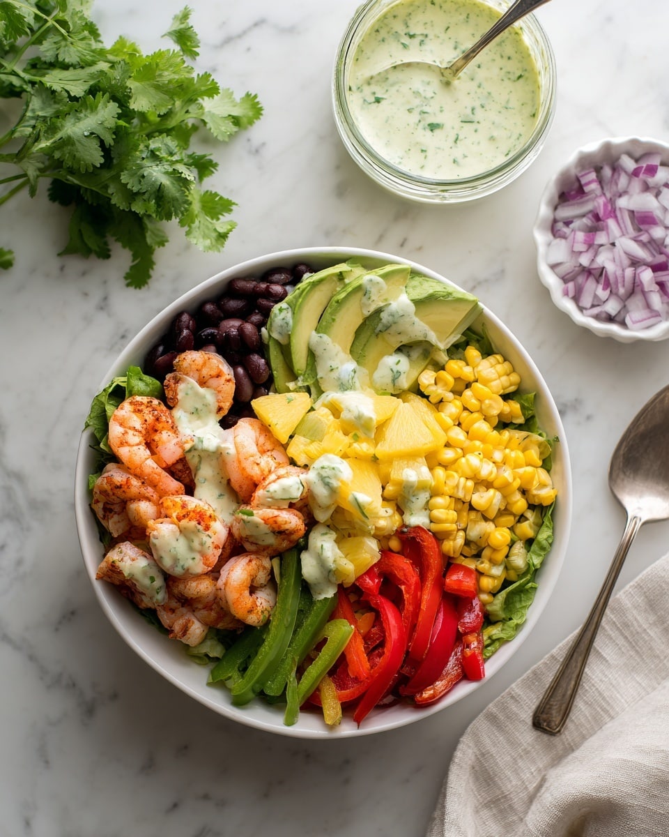 A white bowl on a white marbled surface holds a colorful shrimp salad with seven layers: at the bottom is a green leafy base, topped with cooked green and red bell pepper strips, yellow corn kernels on the right, bright orange-red cooked shrimp in the center, black beans with some diced white onions on the left, yellow pineapple chunks at the upper center, and two slices of bright green avocado on the top right. Creamy white sauce with green herbs is drizzled over the shrimp and pineapple. Around the bowl, there is a glass jar of the same sauce with a spoon inside, a sprig of fresh green cilantro, a silver spoon, and a white container with chopped purple onions nearby. Photo taken with an iphone --ar 4:5 --v 7