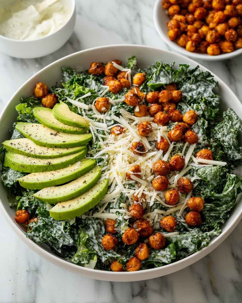 A bowl of fresh kale salad sits on a white marbled surface, with crispy golden-brown chickpeas scattered on top. Thin slices of bright green avocado are arranged in small clusters around the bowl, resting on a bed of deep green kale leaves lightly coated with creamy white dressing. Shredded pale cheese is sprinkled throughout the salad. The bowl is white and set on a white plate with a rustic silver fork placed nearby. photo taken with an iphone --ar 4:5 --v 7
