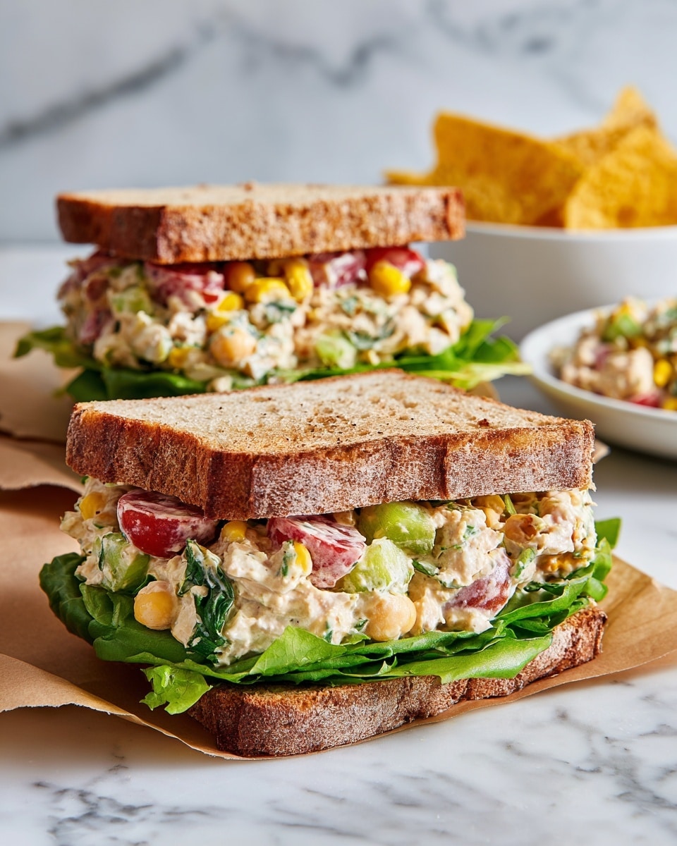 The image shows a sandwich made with two thick slices of toasted multigrain bread, light brown with a crunchy texture on top and bottom. Inside the sandwich, there are fresh, green lettuce leaves on the bottom, layered with slices of pale green cucumber. Above the cucumber, a creamy mixture with visible chickpeas, chopped green peppers, bright red tomato pieces, and fresh green herbs is piled high, adding vibrant colors and a chunky texture. The sandwich is placed on a plate with a white marbled texture, with yellow tortilla chips slightly out of focus around the plate. The photo is taken with an iphone --ar 4:5 --v 7