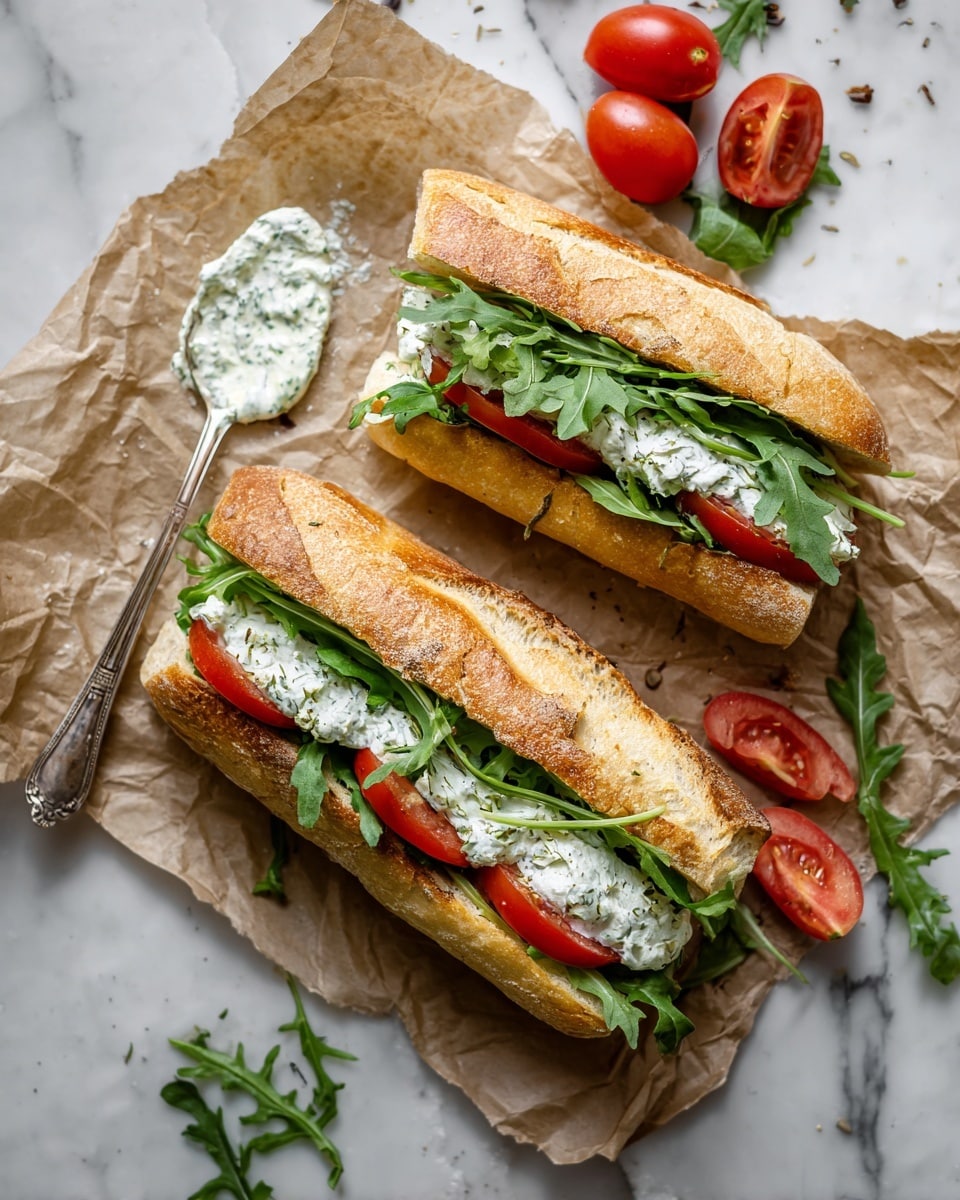 Two sandwiches are on crumpled brown paper over a white marbled surface. Each sandwich has one layer of golden-brown toasted baguette on the top and bottom, a layer of bright green arugula, slices of red tomato, and a layer of white creamy spread with green herbs. On the left side of the paper, a spoon holds some of the creamy herb sauce. Some extra tomato slices and arugula leaves are scattered around the sandwiches. Photo taken with an iphone --ar 4:5 --v 7