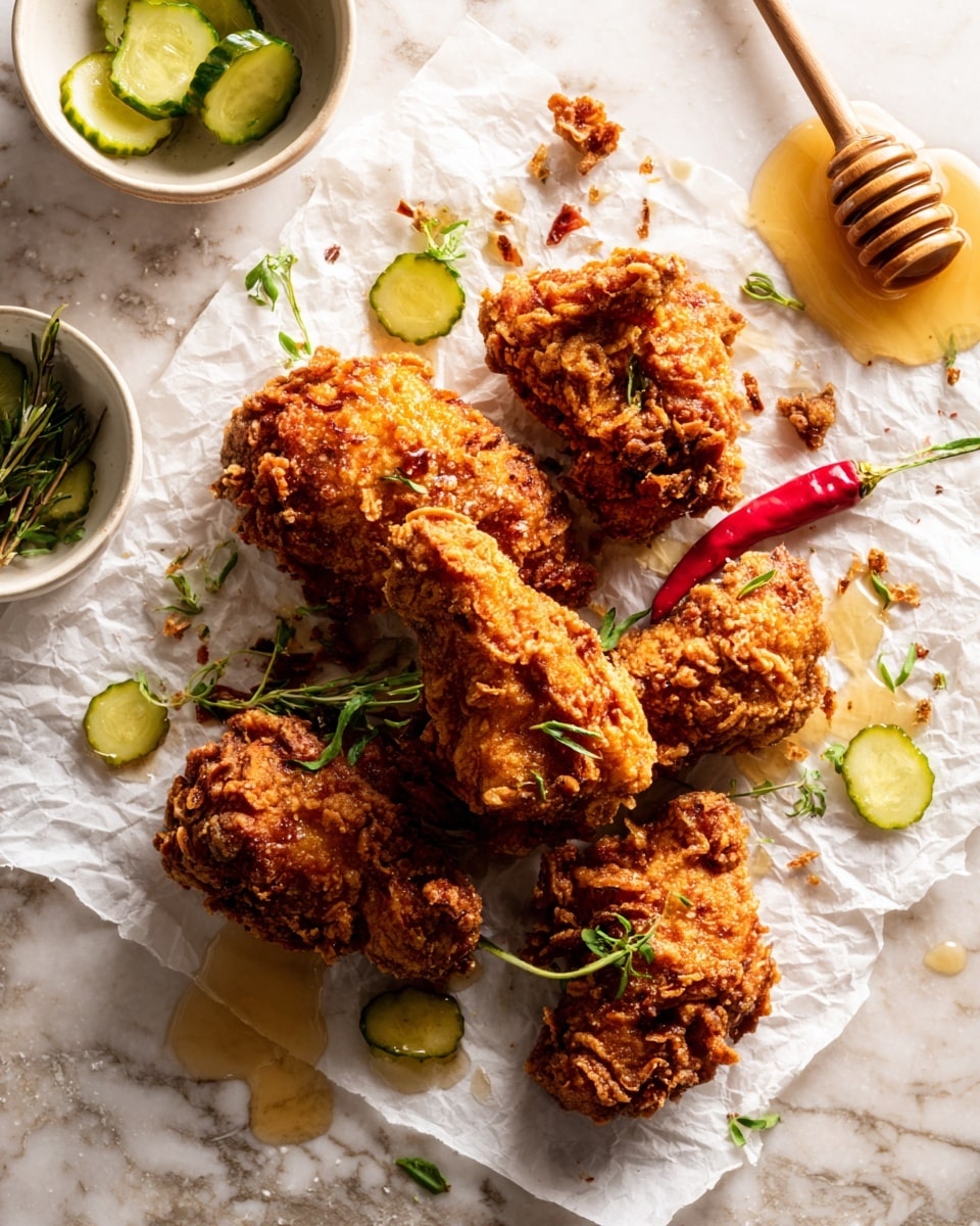 A white bowl filled with several pieces of golden brown crispy fried chicken coated with a crunchy textured crust, some sprinkled with red chili flakes and small green herbs. On top and around the chicken pieces are green pickle slices with a ridged pattern. A wooden honey dipper is resting inside the bowl, partially visible to the left. In the background to the right, a white bowl with more pickle slices is partially visible, all placed on a white marbled surface. Photo taken with an iphone --ar 4:5 --v 7