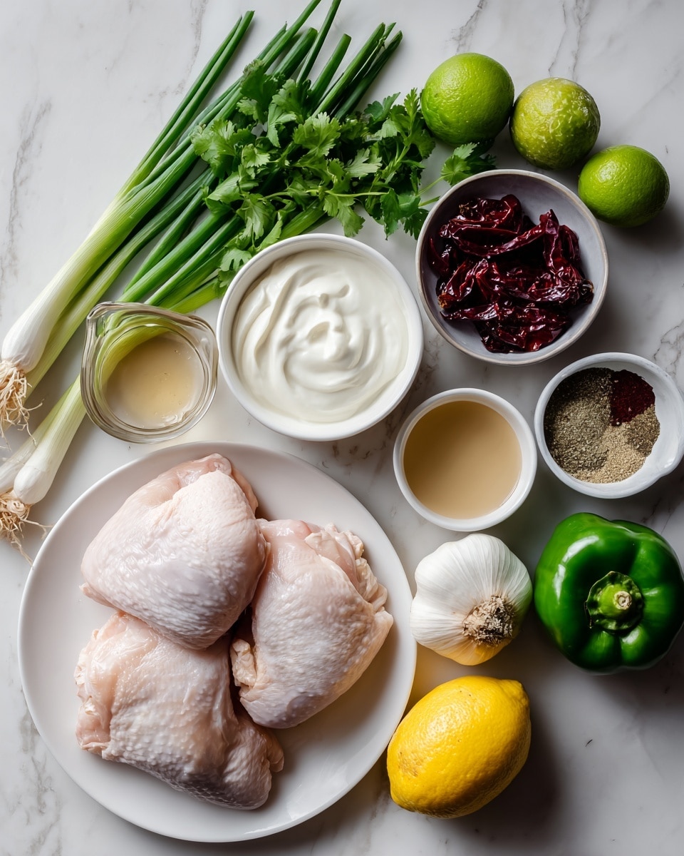 A white plate holds two raw chicken pieces at the bottom left corner of the image on a white marbled surface. Above the plate are three long green onions positioned diagonally with three garlic cloves sitting near their base. To the right of the green onions and garlic, a whole yellow lemon and a whole green lime sit side by side. Next to the lemon, there is a small white bowl filled with creamy white plain Greek yogurt, and above it, a gray bowl with dark red chipotle peppers. Beside the yogurt bowl is a small white bowl of honey. A whole green bell pepper is placed at the bottom right next to the honey bowl. Above the bell pepper, a large half white onion rests on the marble. On the upper left near the top of the image, a bunch of bright green cilantro is placed near a small beige bowl filled with seasonings. Below the cilantro and seasonings, a small white bowl contains clear oil, and a metal measuring cup next to it holds creamy beige mayo. The whole scene is arranged neatly on a white marbled texture. Photo taken with an iphone --ar 4:5 --v 7