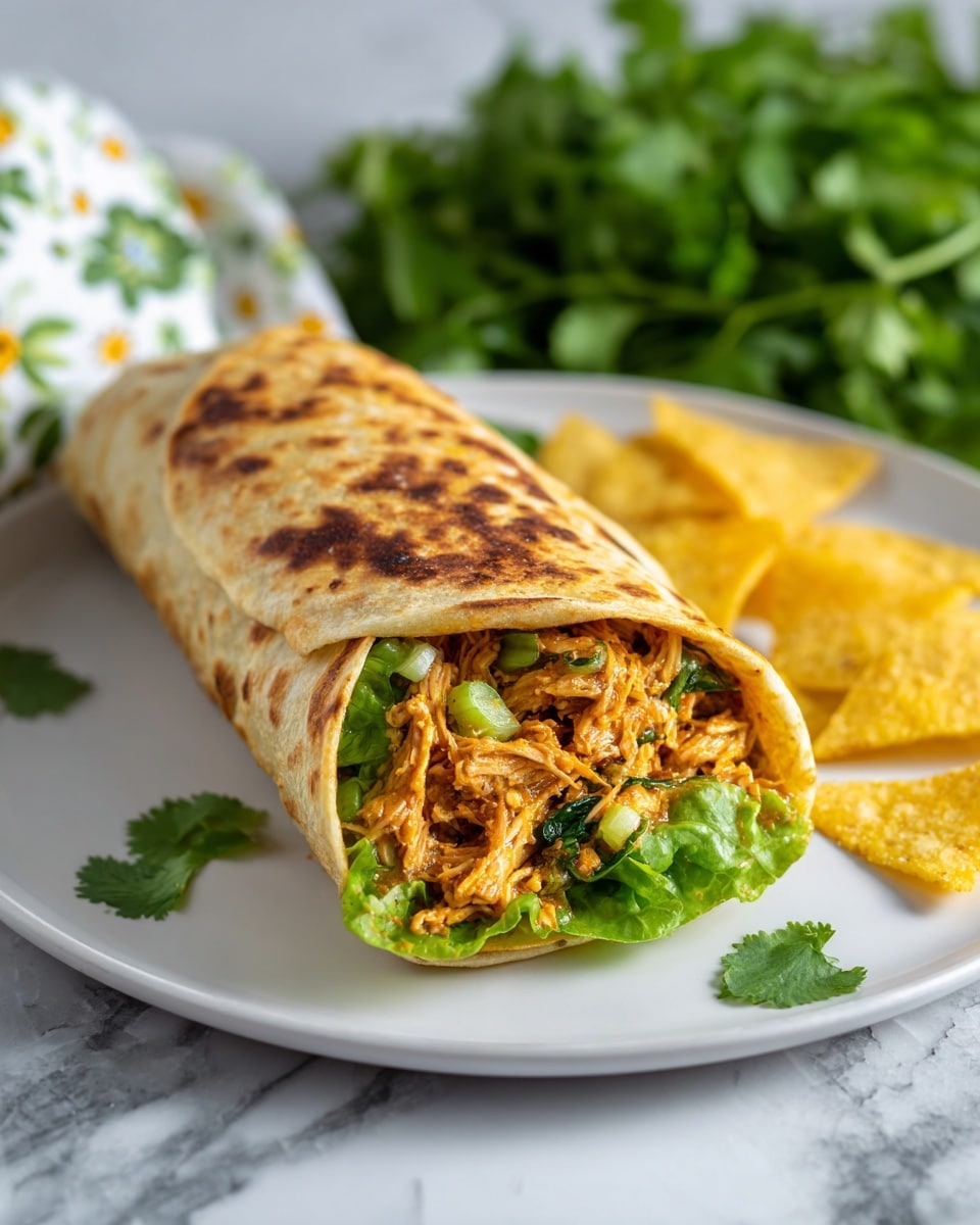 A toasted tortilla wrap folded in half shows an orange mix of shredded chicken with small green peppers and bits of onion on top of fresh green lettuce, placed on a white plate. The tortilla is golden brown with some dark crisp spots. Around the wrap, there are a few yellow tortilla chips scattered. In the background, there is a bunch of fresh green cilantro and a blurred floral cloth. The surface under the plate has a white marbled texture. photo taken with an iphone --ar 4:5 --v 7