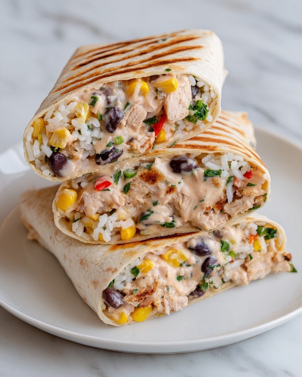 The image shows three halves of a tortilla wrap stacked on a white plate. Each wrap is filled with layers of white rice, black beans, yellow corn, green herbs, and chunks of light brown cooked chicken mixed with diced red and green peppers. The wraps are topped with a creamy beige sauce with green and red flecks, spread unevenly. The tortillas have a light golden brown grill mark on the outside. The plate sits on a white marbled surface. Photo taken with an iphone --ar 4:5 --v 7