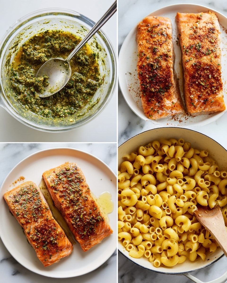 The image shows four steps of cooking seasoned salmon with pesto pasta on a white marbled surface. The first step displays a clear blender bowl filled with a creamy, chunky bright green pesto sauce, with a silver spoon inside. The second step features two fresh salmon fillets side by side on a white plate, covered with dry green herbs and reddish spices. The third step presents the salmon fillets searing in a frying pan with a browned crust forming on the skin side. The fourth step captures the cooked salmon pieces resting in the pan, while yellowish-green pesto-coated elbow macaroni is stirred with a wooden spoon in a white pot beside the pan. Photo taken with an iphone --ar 4:5 --v 7
