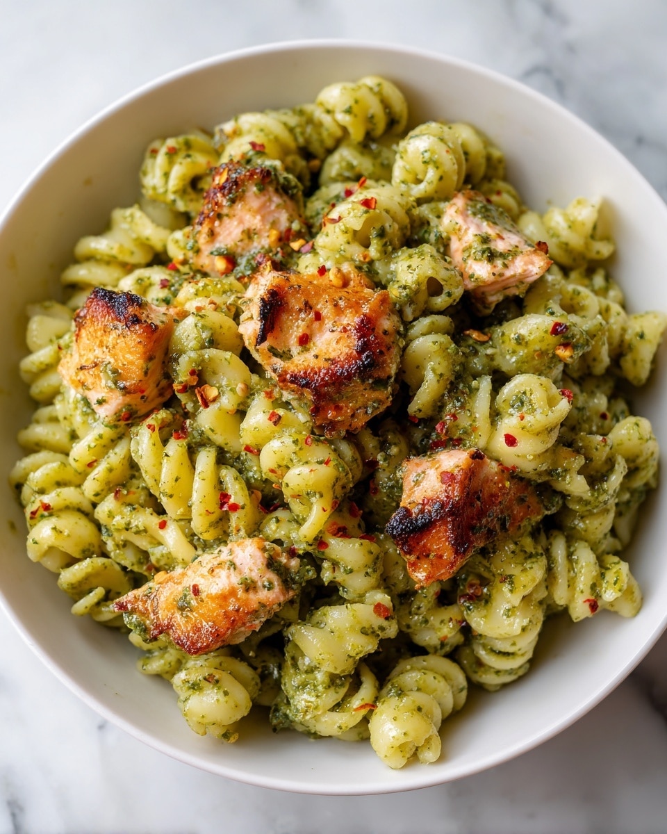 The dish shows a close-up view of curly pasta coated in a green sauce, likely pesto, mixed with pieces of cooked salmon that have a slightly browned, crispy skin. The pasta is light yellow with a smooth texture, evenly covered with the bright green sauce, while the salmon pieces are pink with dark, seared edges. Red pepper flakes are sprinkled on top, adding small red spots all over the dish. It is served in a white bowl sitting on a white marbled surface. Photo taken with an iphone --ar 4:5 --v 7
