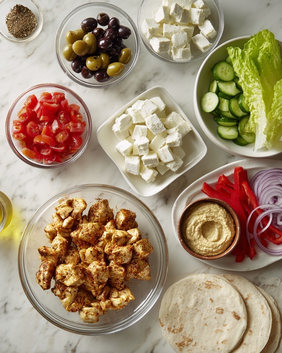 The image shows many small white bowls and plates on a white marbled surface, each holding different ingredients. There is a clear glass bowl with marinated chicken pieces seasoned with spices in the bottom left. Above it, a small white bowl contains green and black olives. Next to it, a small clear bowl is filled with white feta cheese cubes. Above that, a white dish holds thin cucumber slices. A small square white bowl on the top left is filled with chopped red tomatoes. To the right, a whole green romaine lettuce leaf lies flat. Near it is a white plate with sliced red onions and a whole red bell pepper. At the bottom right, there are two white tortillas stacked with a brown bowl of creamy hummus placed on top. photo taken with an iphone --ar 4:5 --v 7