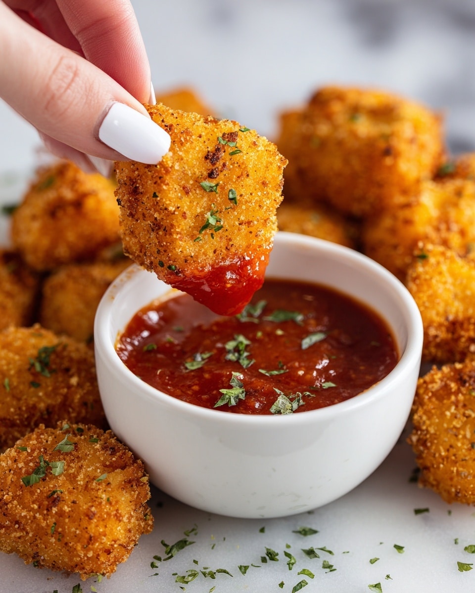 A close-up of a golden-brown crispy nugget held by a woman's hand with white painted nails, dipped halfway into a bowl of shiny red sauce, garnished with small green herb pieces. The nugget has a rough, crunchy texture with visible spices on the surface. In the background, more nuggets with the same texture lie scattered on a white marbled surface with some green herb sprinkles. The sauce bowl is white, round, and partially filled with the thick, glossy sauce. photo taken with an iphone --ar 4:5 --v 7
