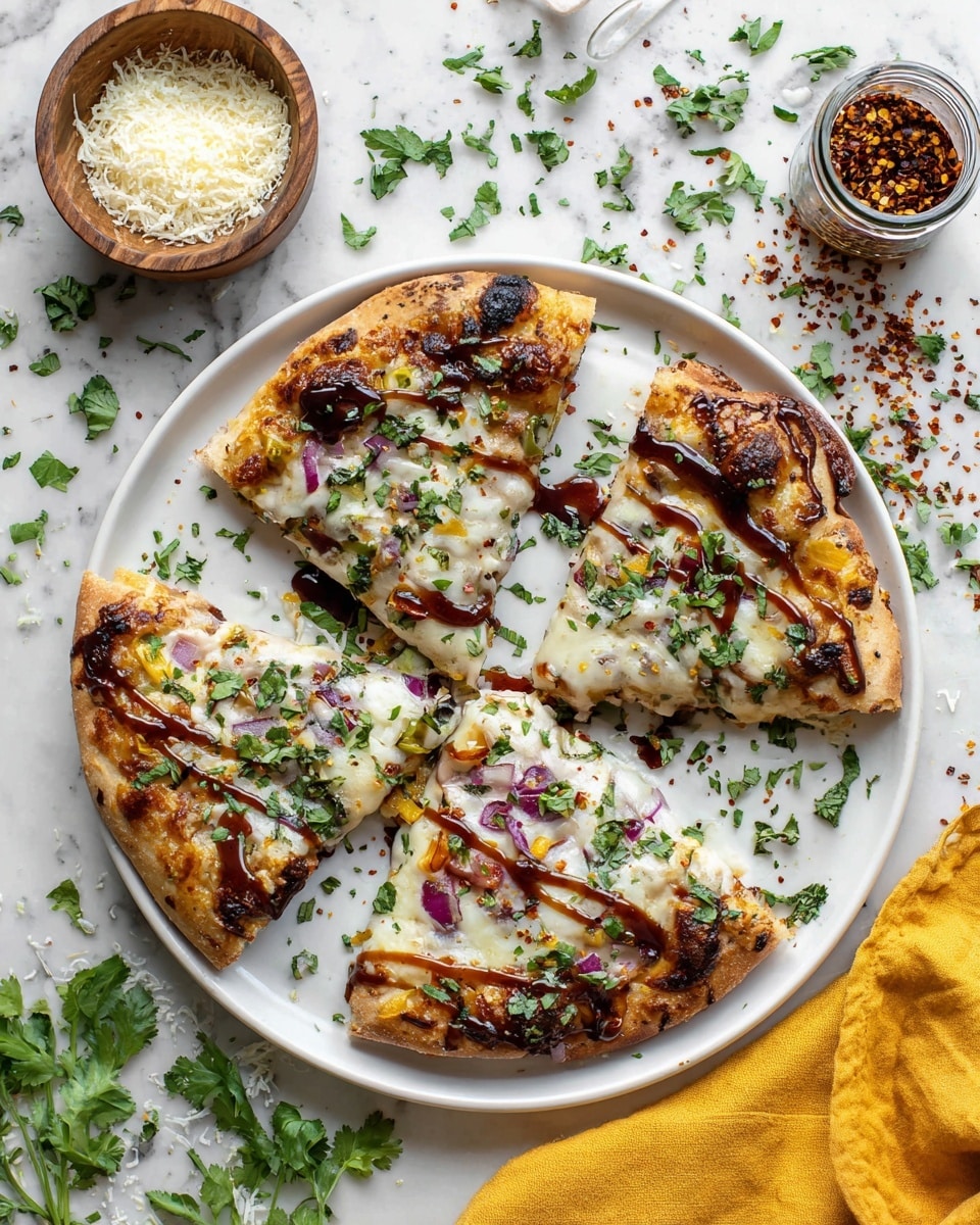 Two square slices of pizza sit on a white plate with a few sprigs of fresh cilantro on the side against a white marbled surface. The pizza has a golden-brown crust that is thick and slightly charred on the edges. The first layer is a rich red barbecue sauce spread evenly on the crust. Over this is a layer of melted white cheese with a slightly bubbly texture. On top, there are pieces of grilled chicken in light golden color, small diced red bell peppers, thin slices of purple onions, and chopped fresh green cilantro leaves scattered generously. The pizza is finished with a glossy drizzle of barbecue sauce and a sprinkle of coarse salt crystals. photo taken with an iphone --ar 4:5 --v 7