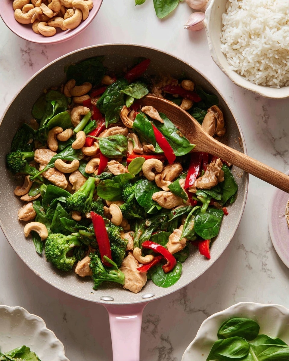 A close-up of a pink-handled gray pan filled with a stir fry that has three main layers: the top layer shows fresh green spinach leaves, bright red chopped bell peppers, and light brown cashew nuts; the middle layer contains light golden cooked chicken pieces with a slightly browned texture and some white onion chunks; the bottom layer reveals green broccoli florets mixed with the rest of the ingredients, all stirred by a wooden spoon inside the pan. To the right of the pan, there is a white bowl with more cashew nuts, a white bowl with plain cooked white rice, and a small white scalloped dish with slices of garlic and fresh basil leaves on a white marbled surface. Photo taken with an iphone --ar 4:5 --v 7