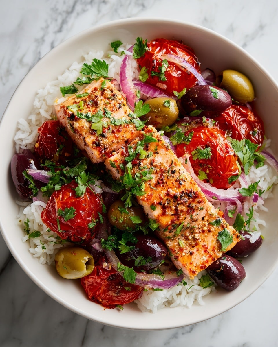 A white bowl filled with a base layer of white rice, topped with two rectangular pieces of cooked pink-orange fish seasoned with pepper and spices in the center; around the fish are layers of roasted cherry tomatoes with a wrinkled texture in red, green olives with smooth shiny skin, scattered purple Kalamata olives, and thin slices of purple-red onion; fresh green cilantro leaves add color and freshness around the edge. The bowl is placed on a white marbled surface. Photo taken with an iphone --ar 4:5 --v 7