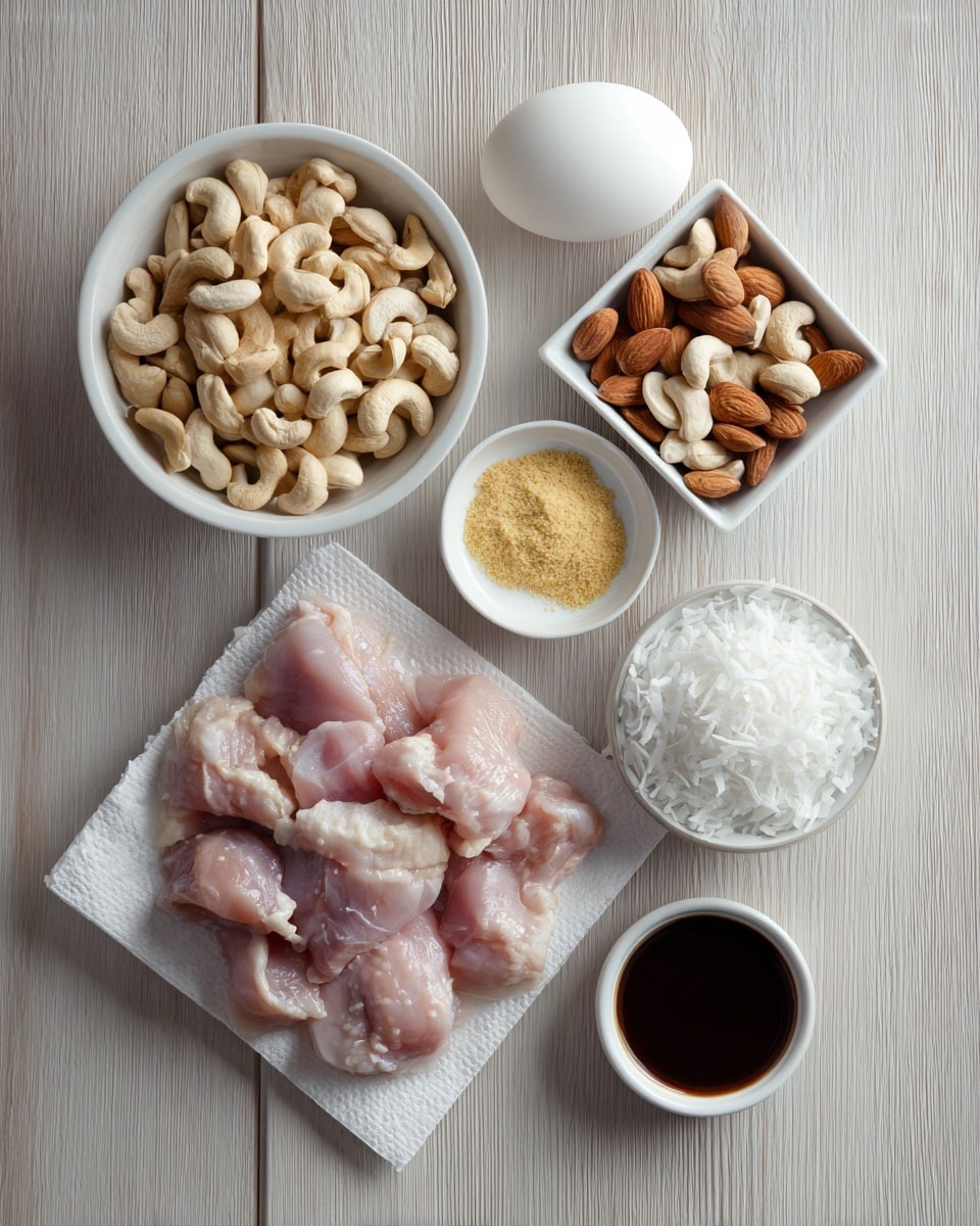 The image shows six groups of ingredients arranged on a light wooden surface. In the center bottom, there is a spread of raw light pink chicken pieces laid on a white paper towel. In the top left, a large white bowl filled with crushed nuts surrounds a small white square bowl containing whole cashews and almonds. To the right of the chicken, a small white bowl holds light yellow garlic powder, onion powder, and salt. Above that, a single white egg is positioned alone. Below the seasoning bowl, a small dark bowl contains white coconut shreds. At the bottom right, there is a small white cup filled with dark brown coconut aminos or soy sauce. The overall arrangement is neat and clear. Photo taken with an iphone --ar 4:5 --v 7