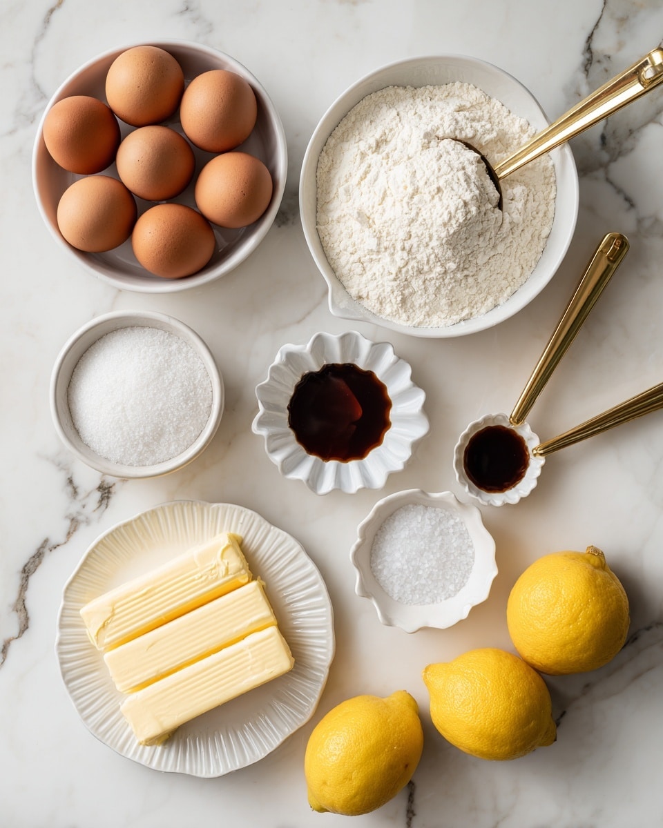 The image shows a flat lay of ingredients on a white marbled surface. At the top left, a round white bowl holds six brown eggs. Next to it on the right, a gold-handled white measuring cup is filled with white flour. Below the eggs, a gold-handled white measuring cup holds white sugar granules. To the right of the sugar, there is a small white scalloped dish with dark brown vanilla extract, and next to it is a smaller white scalloped dish with white salt crystals. At the bottom left, a white plate contains two thick sticks of light yellow butter. On the bottom right, four whole yellow lemons are scattered. All items are arranged neatly and clearly labeled. Photo taken with an iphone --ar 4:5 --v 7